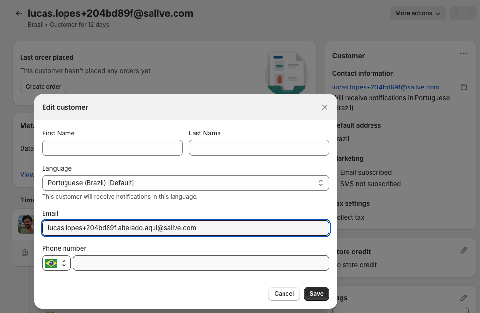 Dialog de mudar e-mail no perfil no Admin