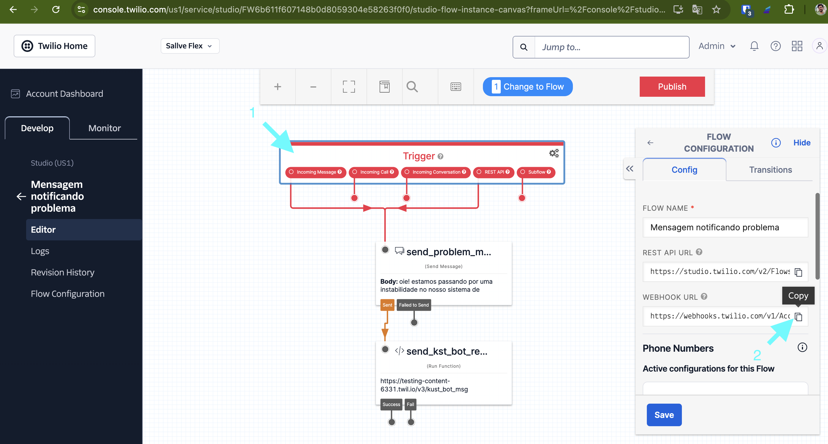 Copiar link de webhook do flow